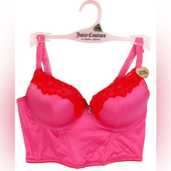 Juicy Couture Other - 🩷❤️Juicy Couture 34B Bra Corset Push Up Hot Pink Red Satin Lace Underwire-NWT🩷❤️